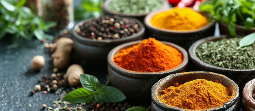 A tantalizing spread of diverse spices and herbs, sourced from terrestrial plants, adorns a table set with various dishes and food. A tantalizing spread of diverse spices and herbs, sourced from terrestrial plants, adorns a table set with various dishes and food.