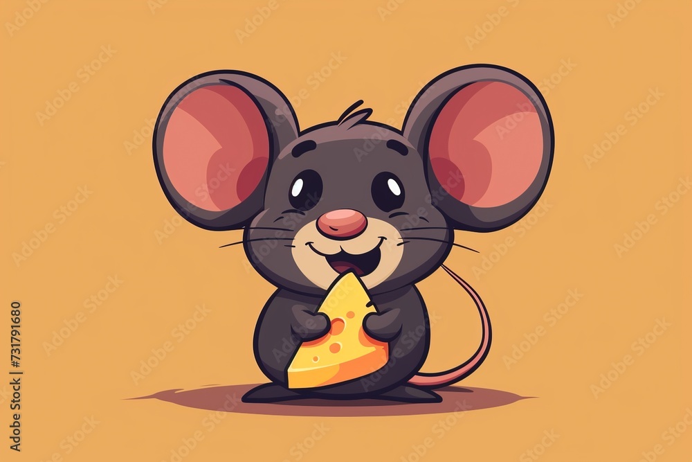 Adorable cartoon mouse happily munching on cheese, depicted in a charming flat logo icon with big eyes and a playful demeanor Adorable cartoon mouse happily munching on cheese, depicted in a charming flat logo icon with big eyes and a playful demeanor