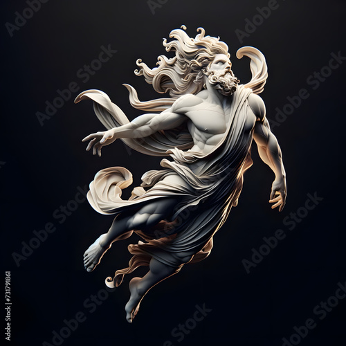 A statue from a muscular greek god statue with a wavey middel parting hair out of white marbel with a black backround standing on a podest animeted style photo