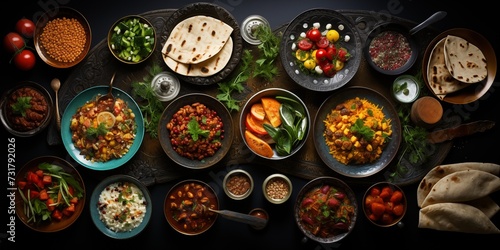 Ramadan kareem Iftar party table top view shot , assorted festive traditional arabic dishe