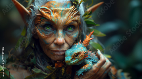Portrait of an old elf witch holding a baby dragon. (AI generated) © Andrea Raffin