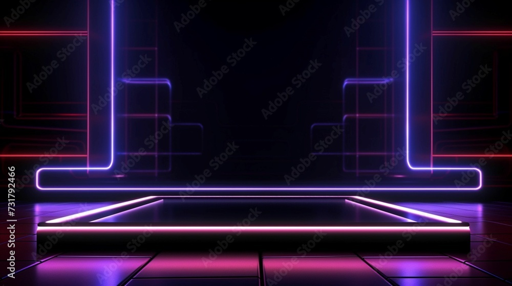 Neon Nocturne: A Cinematic Exploration of an Empty Stage, Awash in the Glow of Neon Lines within a Dimmed Ambiance, Conveying a Visual Sonata of Modern Theatrical Minimalism and Sublime Radiance Neon Nocturne: A Cinematic Exploration of an Empty Stage, Awash in the Glow of Neon Lines within a Dimmed Ambiance, Conveying a Visual Sonata of Modern Theatrical Minimalism and Sublime Radiance