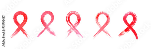 Set of red watercolor awareness ribbons. Brush strokes objects isolated on white background. Grunge painted design elements. Vector illustration.