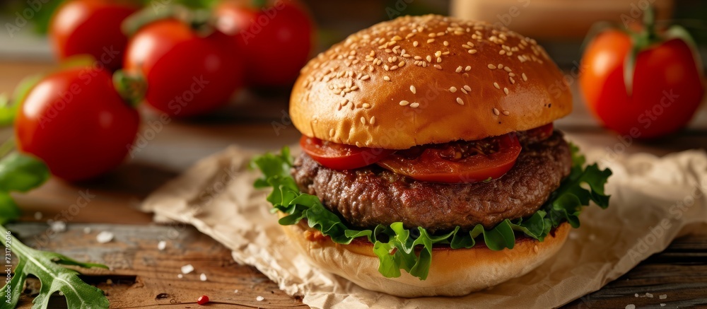 A hamburger, a staple food in fast food, is placed on a wooden table alongside tomatoes, a common ingredient in its recipe. A hamburger, a staple food in fast food, is placed on a wooden table alongside tomatoes, a common ingredient in its recipe.