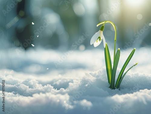 A snowdrop appeared from under the snow, a blurred background