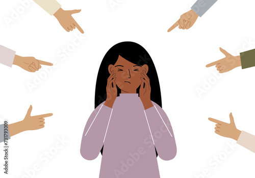 The concept of public condemnation, victim blaming and bullying. Crying depressed woman. The fingers point at the character and hate him. Internet cyberbullying.