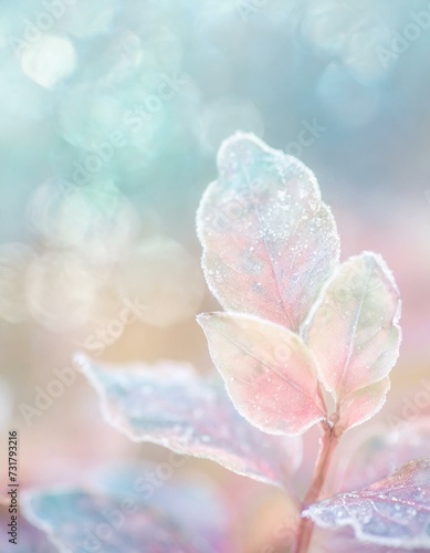 Pale pastel background with colorful leaves covered with frost. Bokeh light, copyspace.  © Kati Lenart