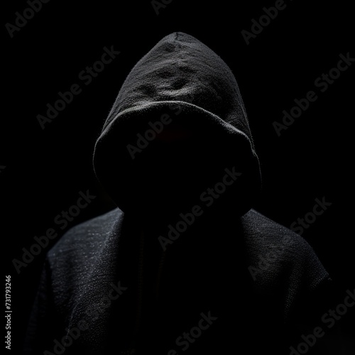 A mysterious hacker wearing a black hood in the dark, isolated and concealed, evoking intrigue and suspense in cybersecurity and technology