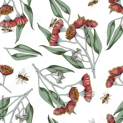 Seamless pattern with bees pollinating blooming eucalyptus.