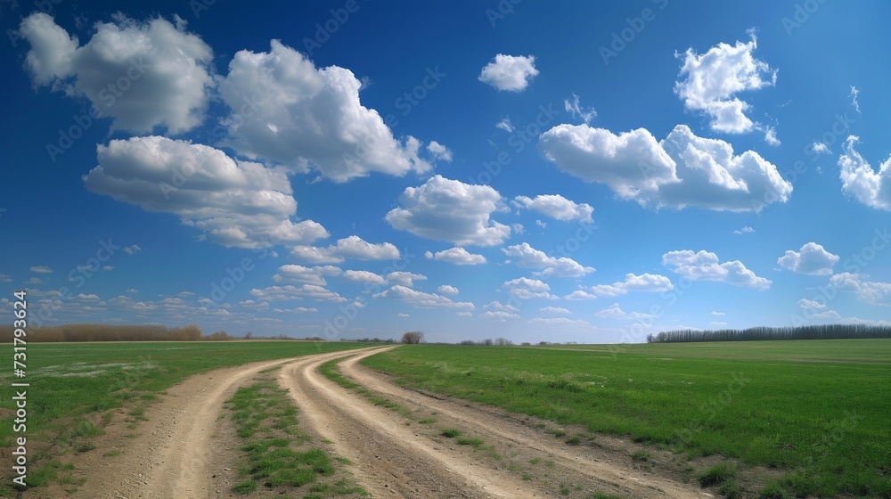 Blue sky and cotton-like clouds above a faint horizon, spring's breath Blue sky and cotton-like clouds above a faint horizon, spring's breath