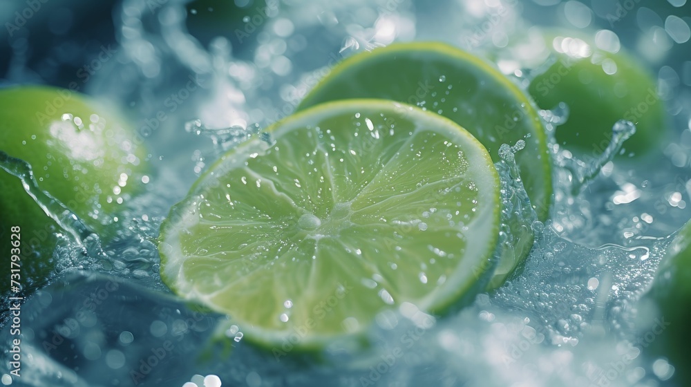Bright green lime slices, ice cold water, freshness concept Bright green lime slices, ice cold water, freshness concept
