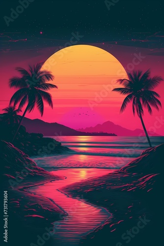 Sunset on tropical beach with palm tree generated ai.