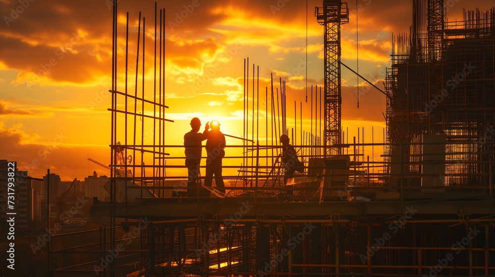 photo of construction workers sunset background