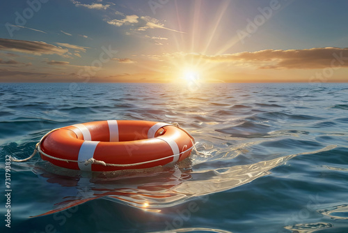 Hopeful seascape. Lifebuoy floating on the sea with sun rays, offering a message of safety and optimism. 