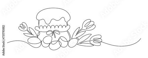 Happy Easter. Easter cake with Easter eggs and flowers. Continuous line drawing.