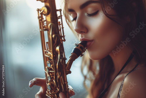 Photo of a woman showing love to music saxophone
