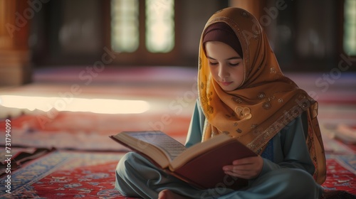 a young girl reciting Quranic verses in the mosque photo