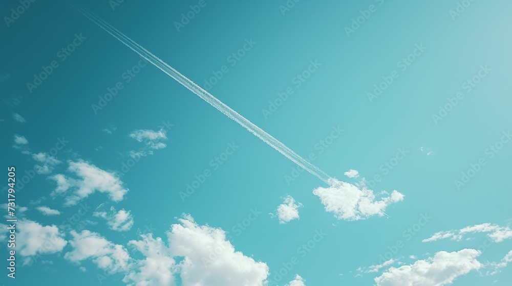 Clear blue sky with a single white airplane trail, minimalist Clear blue sky with a single white airplane trail, minimalist