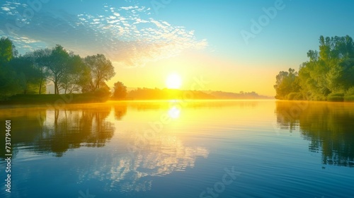 Calm lake under a gentle sunrise, embodying spring's peace
