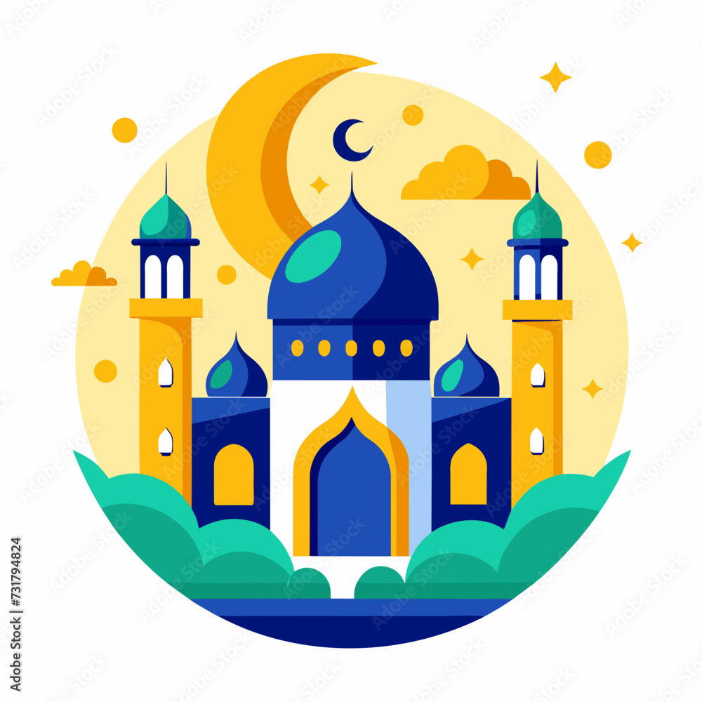 Vector mosque with a muslim man. Ramadhan vector.