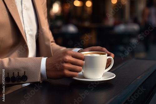 Businessman person drinking coffee in cafe. Hands holding coffee cup. 