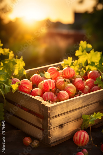 Gooseberries harvested in a wooden box in a farm with sunset. Natural organic fruit abundance. Agriculture  healthy and natural food concept.