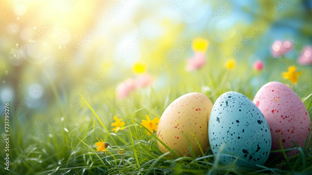 Grassy springtime delight, pastel eggs in vibrant sight Grassy springtime delight, pastel eggs in vibrant sight