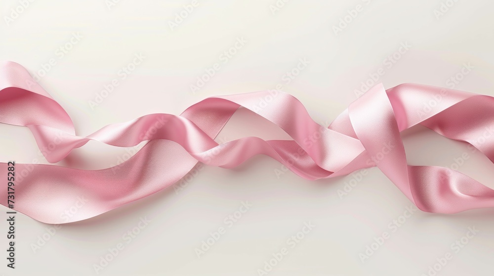 Curling gracefully, the pink satin ribbon rests on a light background Curling gracefully, the pink satin ribbon rests on a light background