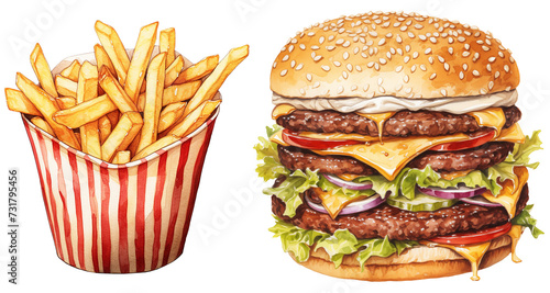 Wallpaper Mural set of burger and fries watercolor illustration png isolated on a transparent background, fast food clipart 
 Torontodigital.ca