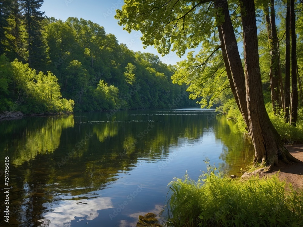 Nature's Reflections: Serene Lake or River in Photo