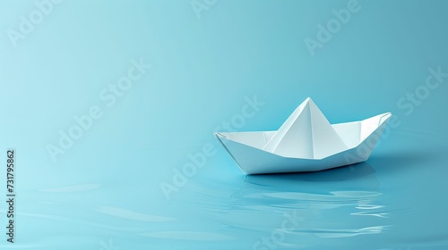 A lone paper boat floats on a serene baby blue backdrop