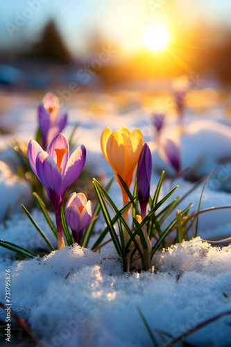 Wallpaper Mural Colorful crocus flowers and grass growing from the melting snow and sunshine in the background. Concept of spring coming and winter leaving. Torontodigital.ca