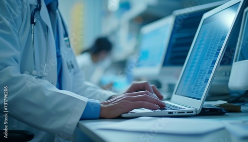 Electronic Health Record Management, the transition to electronic health records (EHR) with an image depicting healthcare professionals accessing and updating patient records digitally, AI  photo