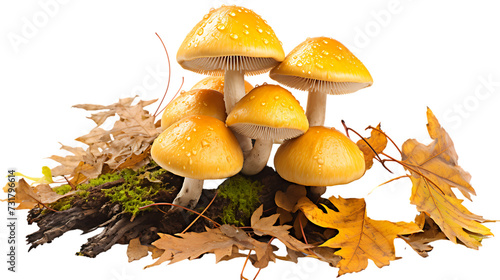 A mushrooms on wet autumn leaves isolated on white background 