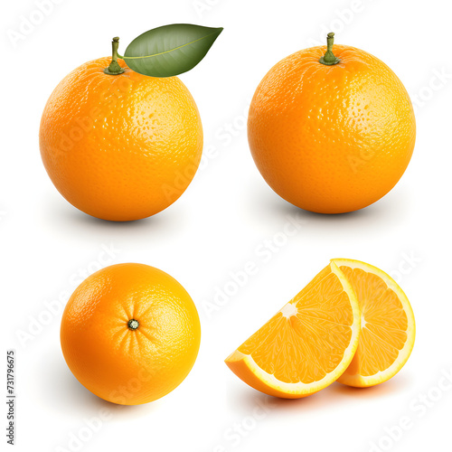 Orange in different views on white background