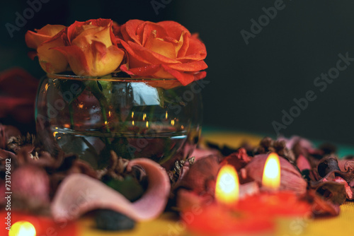 Bouquet of roses, candles and gifts, card for February 14, St. Valentine, March 8, wedding, birthday, mother's day, blurred background, foquet. © m7_ir7