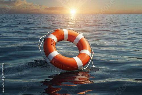 Hopeful seascape. Lifebuoy floating on the sea with sun rays, offering a message of safety and optimism. 