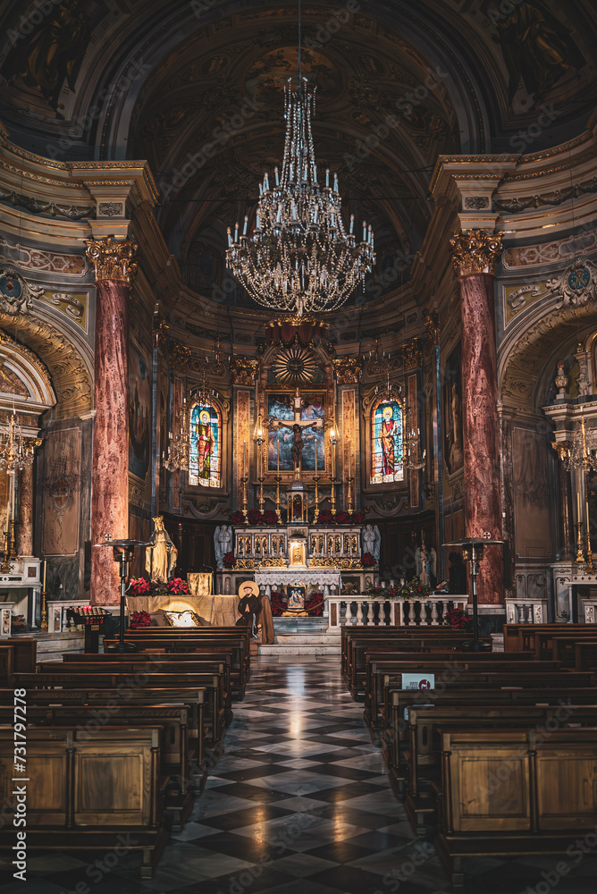 A vertical camera shot inside the beautiful Church - San Pietro (Borgio, Borgio Verezzi), Italy, Liguria, no people