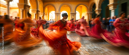 Beautiful Hispanic woman in red traditional dress dancing flamenco in the street, crowd of spectators enjoy sensual dance. Spanish culture concept photo