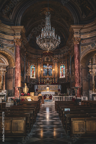 A vertical camera shot inside the beautiful Church - San Pietro (Borgio, Borgio Verezzi), Italy, Liguria, no people