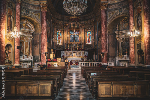 A horizontal camera shot inside the beautiful Church - San Pietro  Borgio  Borgio Verezzi   Italy  Liguria  empty church