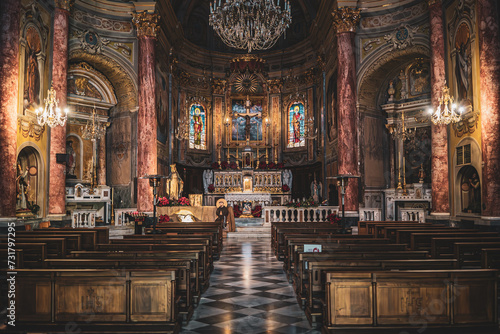 A horizontal camera shot inside the beautiful Church - San Pietro (Borgio, Borgio Verezzi), Italy, Liguria, empty church