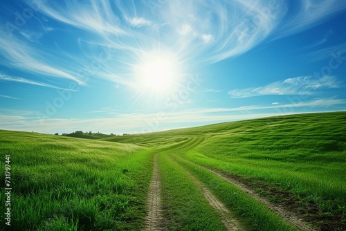 a green grassy field with a dirt road and sun  in the style of bright backgrounds  emerald and azure  pastoral charm  exacting precision generated by ai