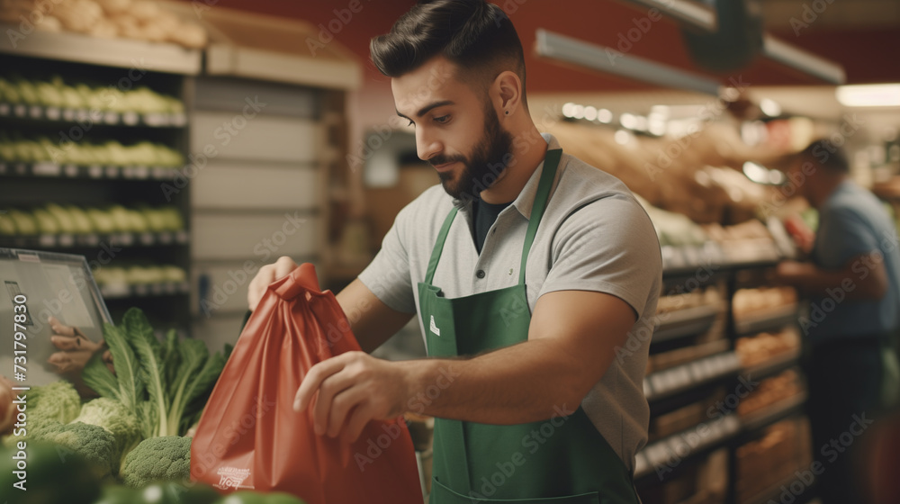 Grocery store cashier packing food into a reusable bag, eco friendly Sustainable business concept, go green