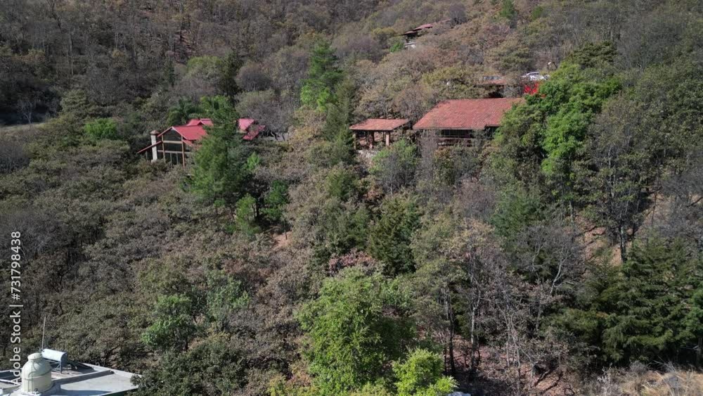 Drone shot of mountain houses on blue cloudy sky background in central Mexico, Morelia, Michoacan Drone shot of mountain houses on blue cloudy sky background in central Mexico, Morelia, Michoacan
