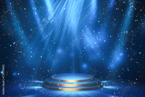 Spotlight on blue stage with sparkles