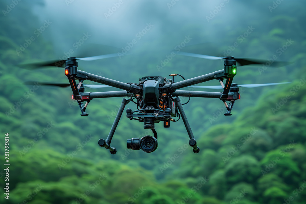 FPV drone hovering in jungle