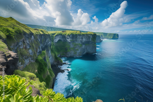 Verdant cliffs overlooking ocean