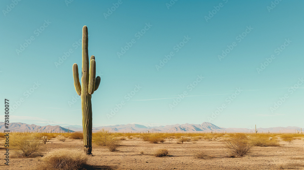 Lone cactus standing tall in a vast desert, set against a backdrop of endless sandy terrain