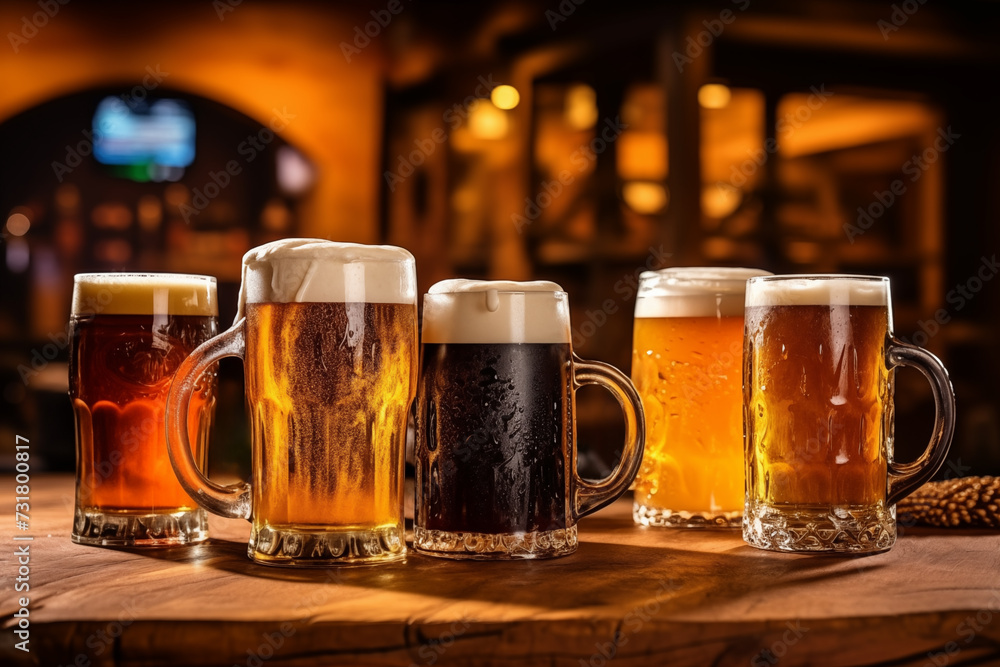 Variety of craft assorted beers in a rustic pub setting, in mugs on a wooden bar. Variety of craft assorted beers in a rustic pub setting, in mugs on a wooden bar.
